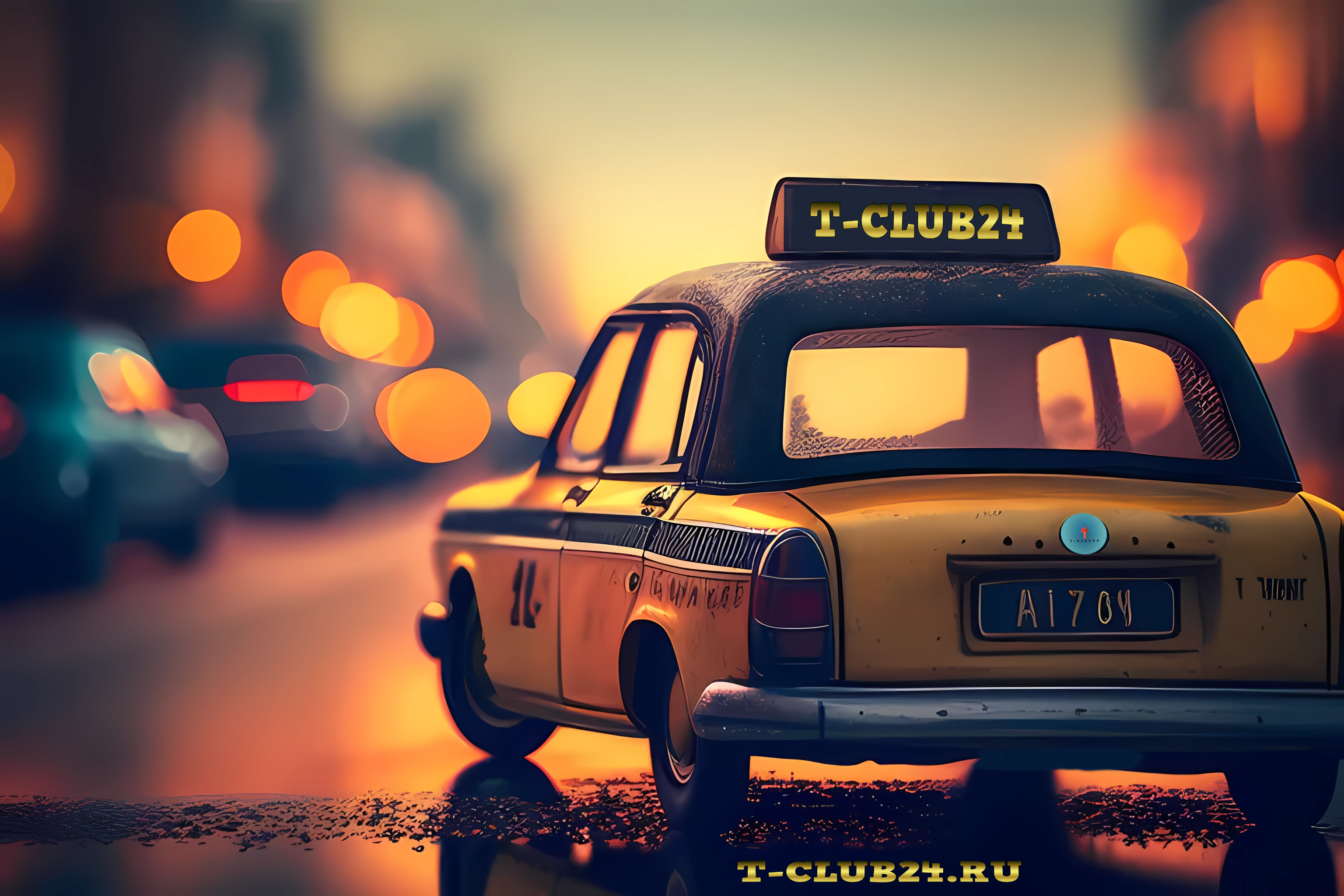 Фирменное изображение T-CLUB24: автомобиль такси в вечернем городе